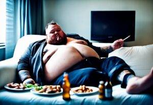 heavy man smoking eating fred food drinking alcohol television TV food on bare belly tattoed lying down