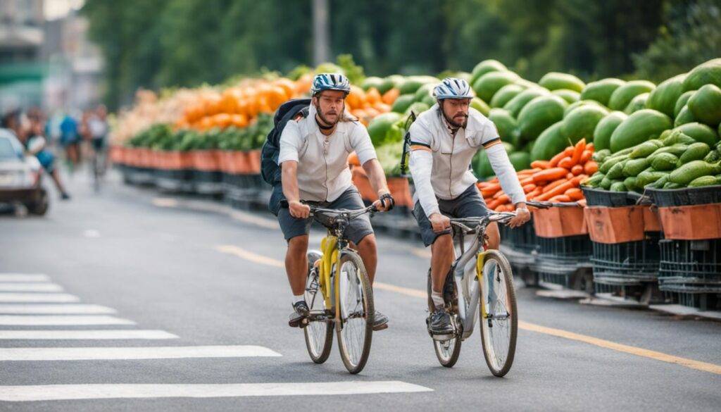 2 people bike racing toward gigantic fruits and vegetables