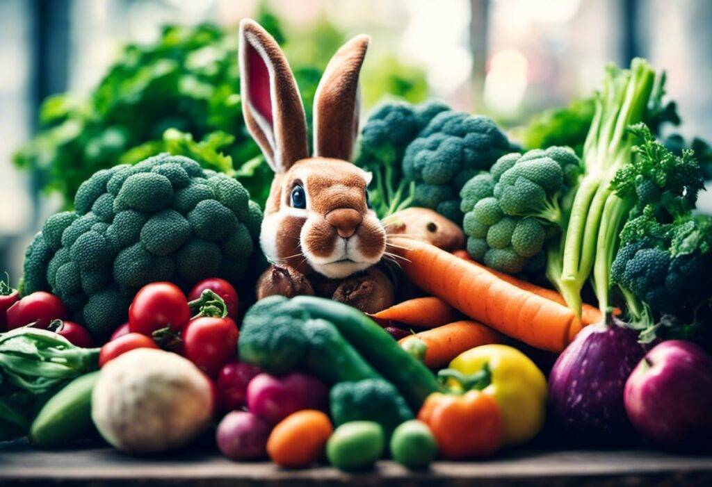 Colorful vegetables and fruits and happy rabbit