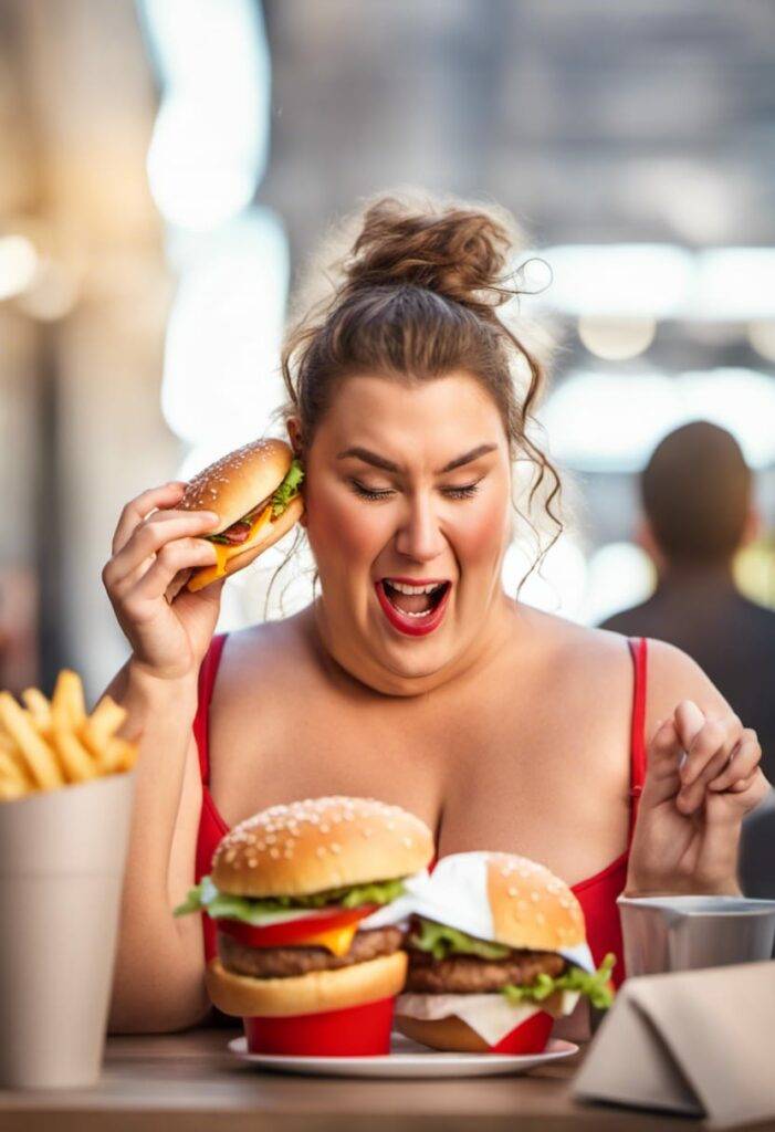 Fat woman eating huge fatty burgers