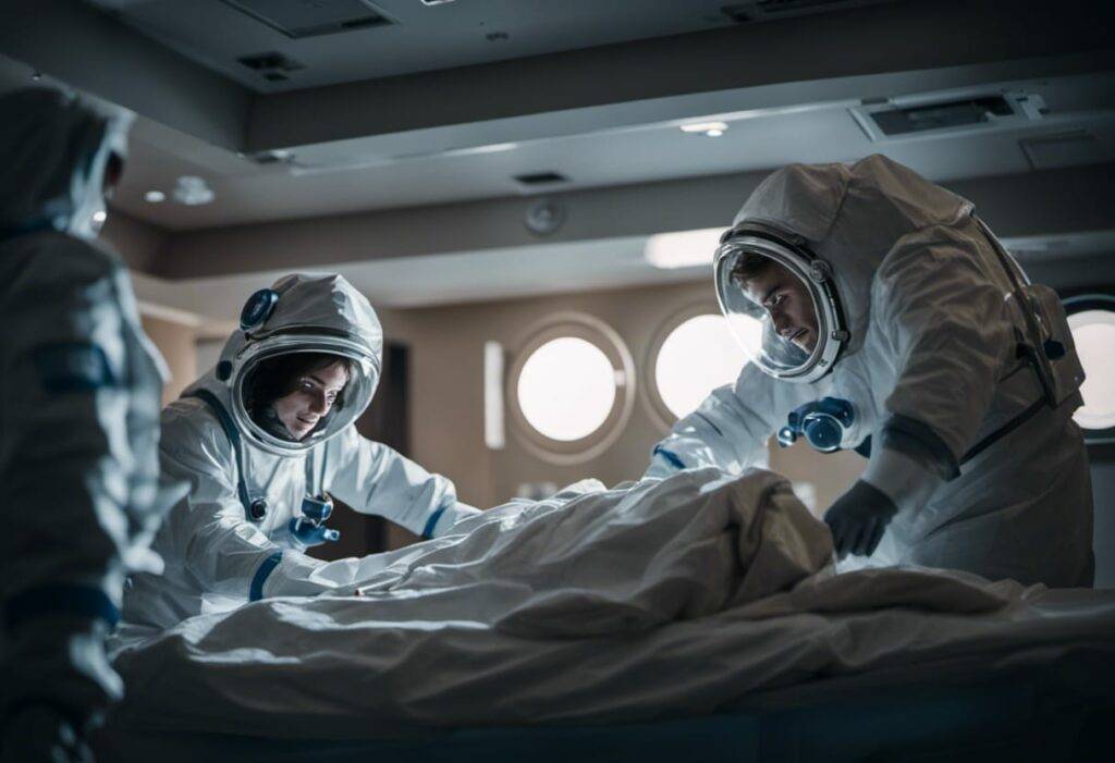 Hospital in outer space people spacesuits