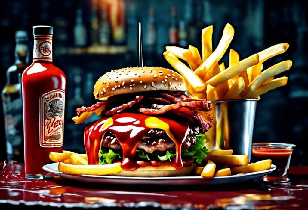 Huge triple-stacked bacon cheeseburger bacon all trimmings next to a huge rum rum bottle surrounded by freshly cooked french fries ketchup