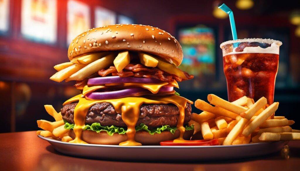 Huge triple-stacked cheeseburger bacon all trimmings next to a huge soda surrounded by freshly cooked french fries
