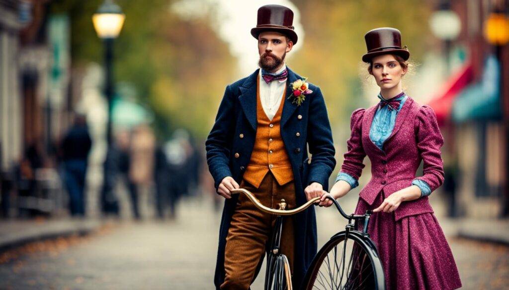 Human models wearing colorful fashions of past eras bike