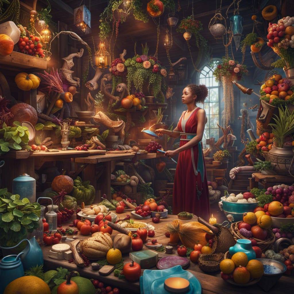 Painting-like room of healthy liver foods with a girl near the center