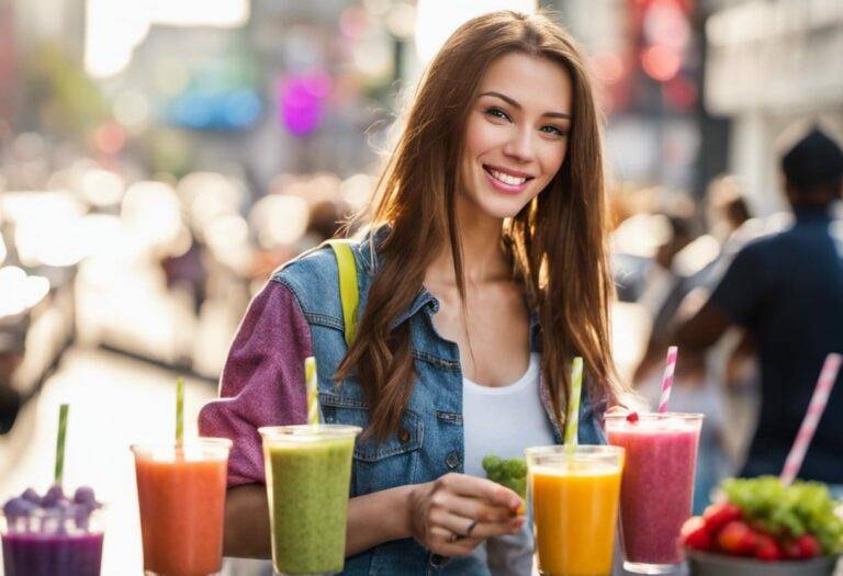 Pretty lady enjoying pouring colorful smoothie in traffic