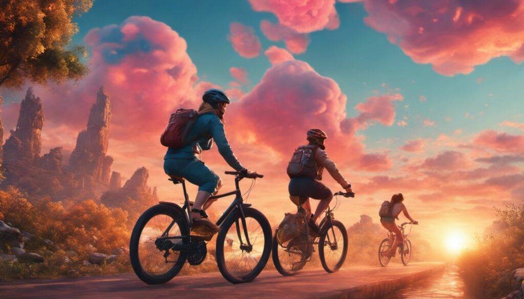 Pretty people riding bikes colorful sunrise healthful breakfast