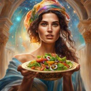 attractive Greek woman presenting Mediterranean diet salad