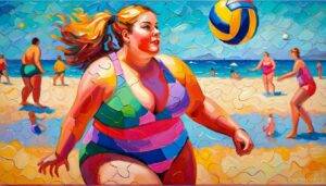 attractive fat girl in a colorful bathing suit on the beach playing volleyball