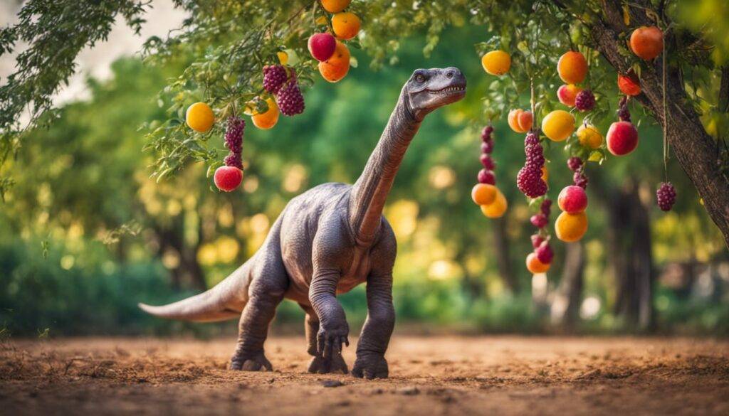 brontosaurus using her long neck to munch on large colorful fruits hanging from the trees