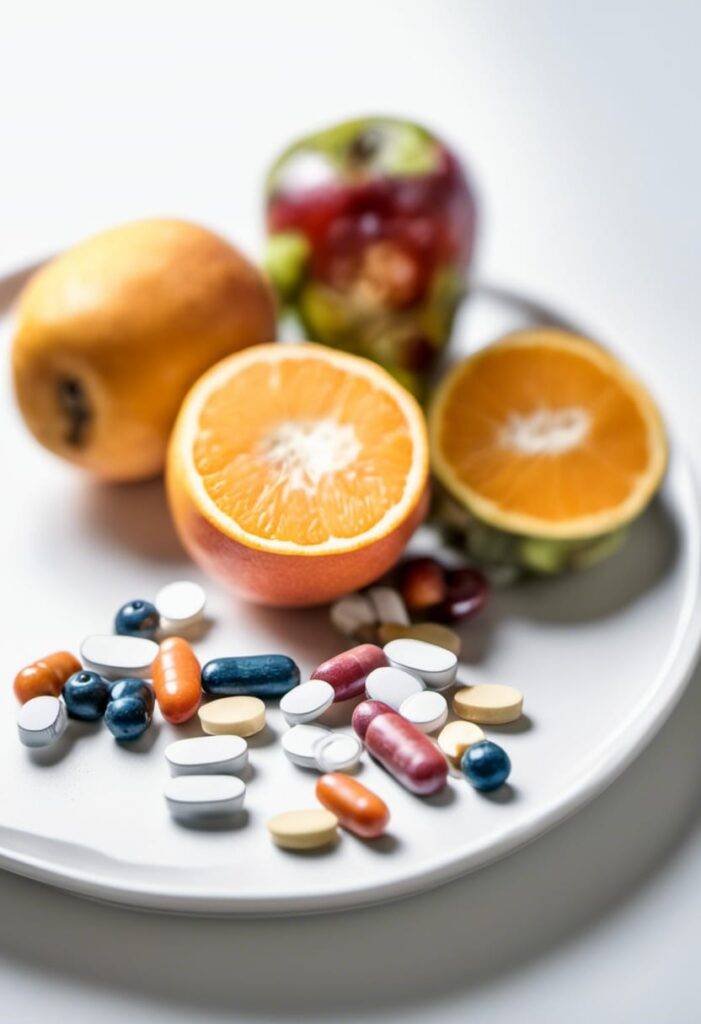 different vitamins pills and containers fruits