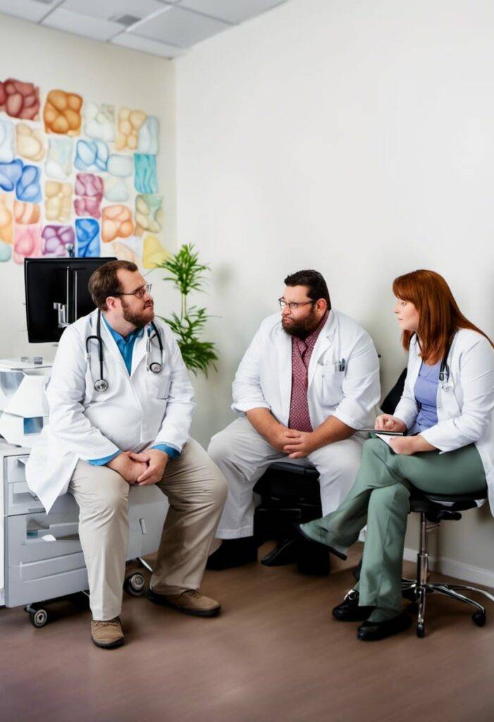 doctor discussion for one obese patient colorful medical art on the wall