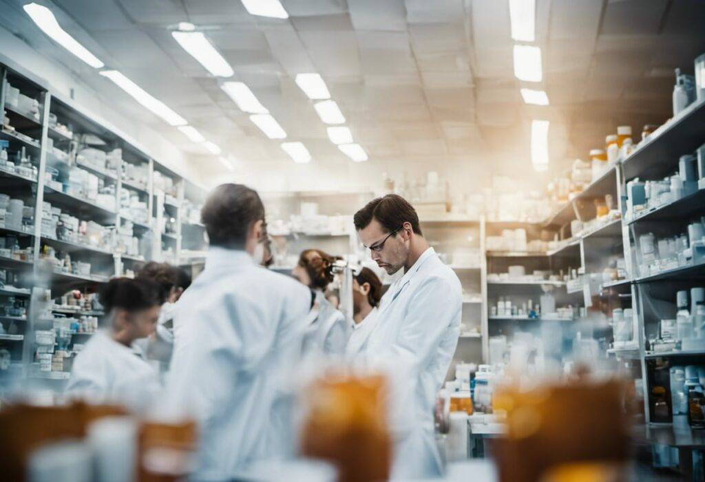 focused pharmacists crowded large chemical laboratory