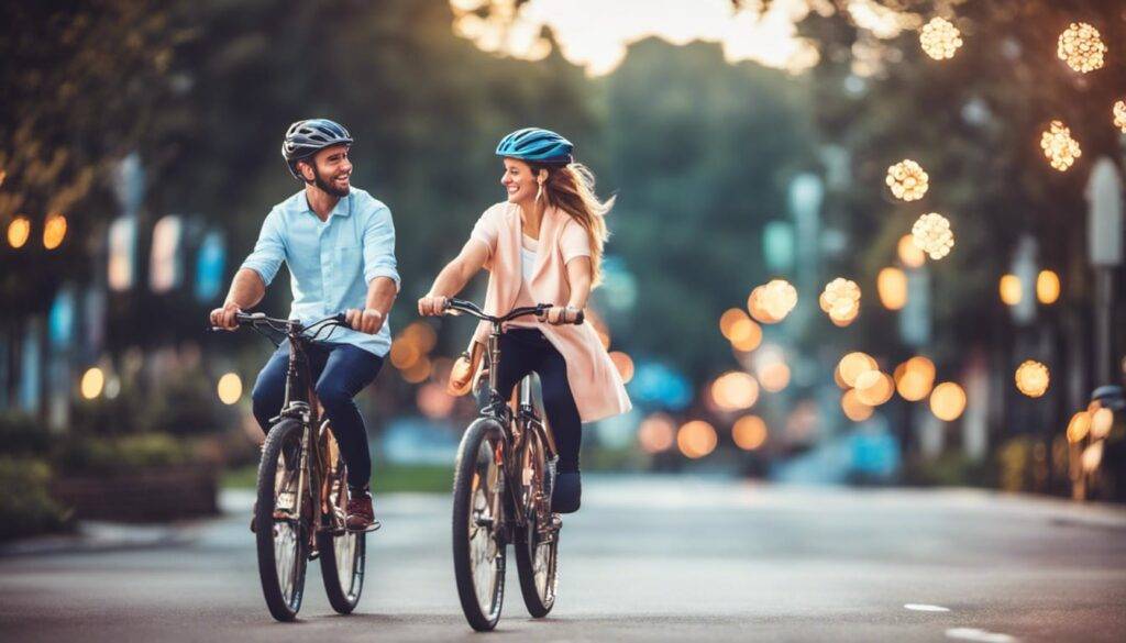 happy couple cycling upscale colorful neighborhood