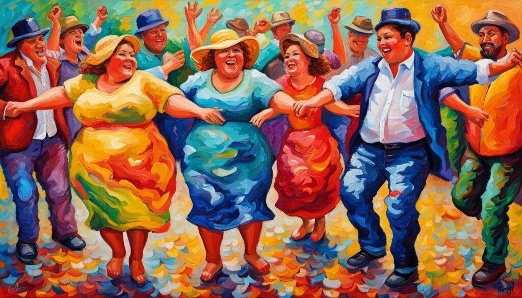 happy people colorful clothes only very fat doing a funny dance