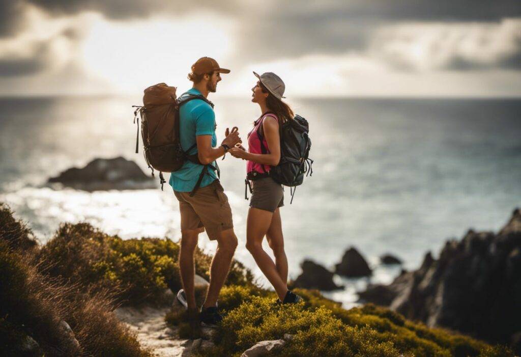 hiking Pretty couple enjoying ocean beautiful colorful nature mountain sea