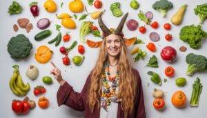 new age hippie with horns dietician with a picture of a healthy happy liver vegetables and colorful fruits