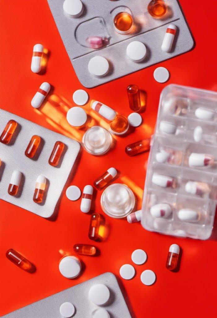 prescription pills and bottles color scattered