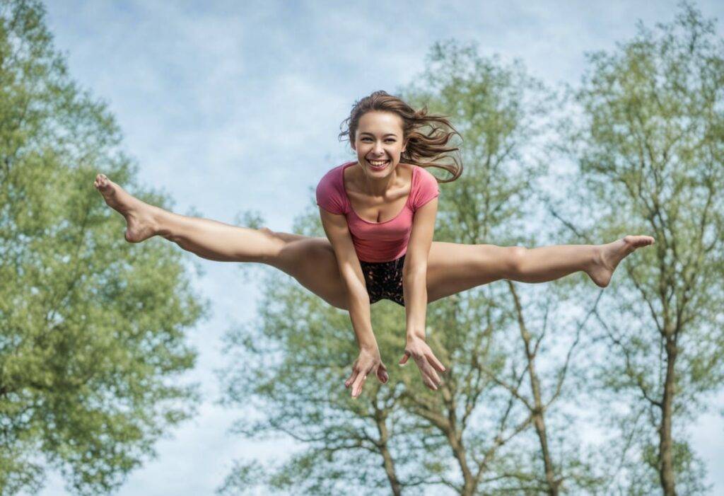 split-legged woman smiling mid-air