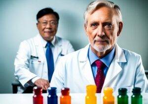 wind-tossed lab coats and multicolored pharmaceuticals