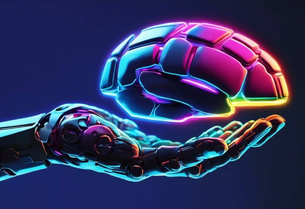 3D robot hand holding colorful electric brain in palm cyberpunk