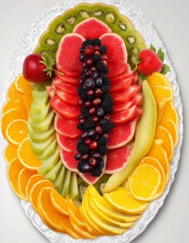 Brightly colored fruits female narrow vertical fruit pointed serving plate