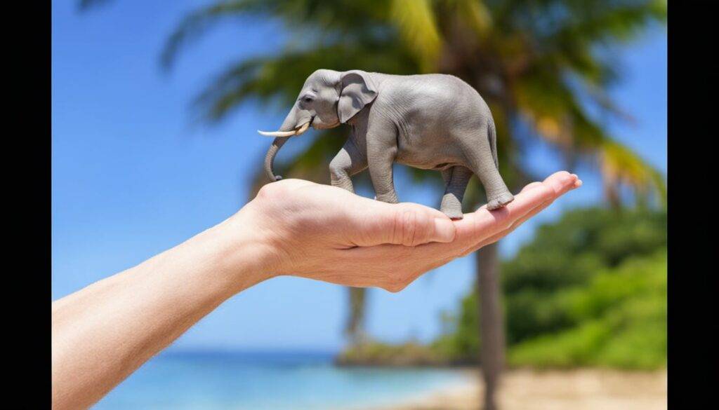 Tiny Elephant in pretty hand sunny day Beach