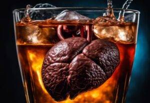 Human liver floating in alcoholic drink with ice