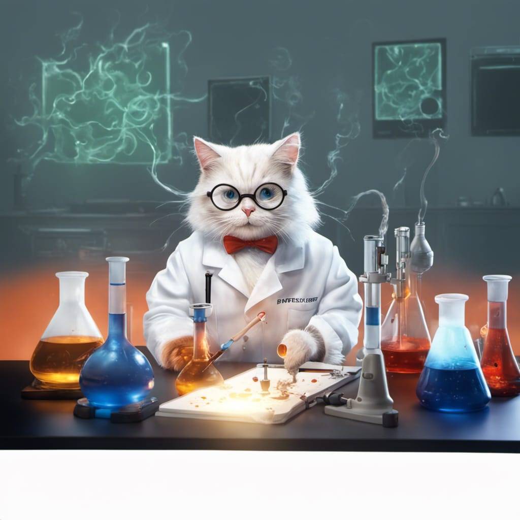 Professor Cat teaching laboratory equipment