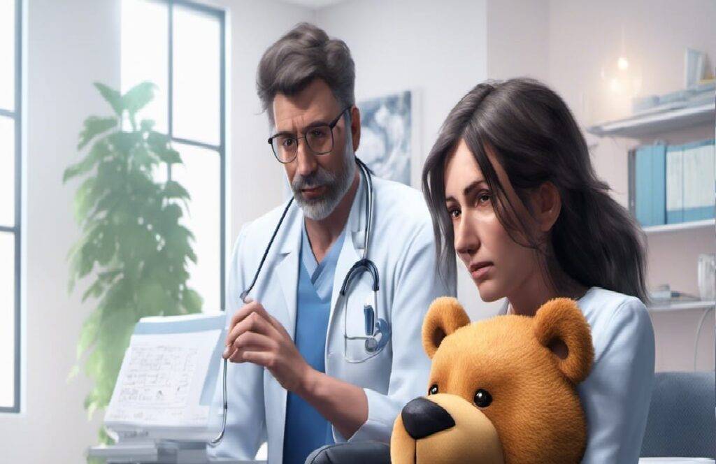 attractive anxious patient comfort bear visit psychiatrist doctor