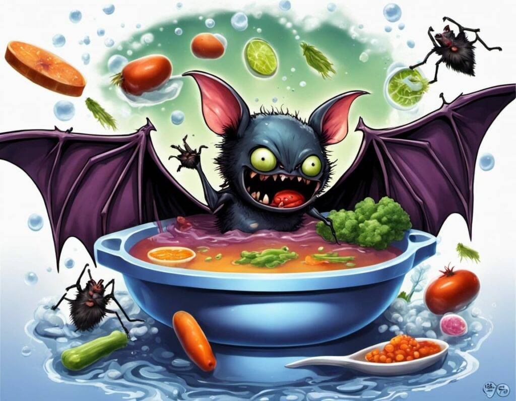 bacteria colored hot steamy floating bat face viruses biohazard soup hot tub loaded spoon