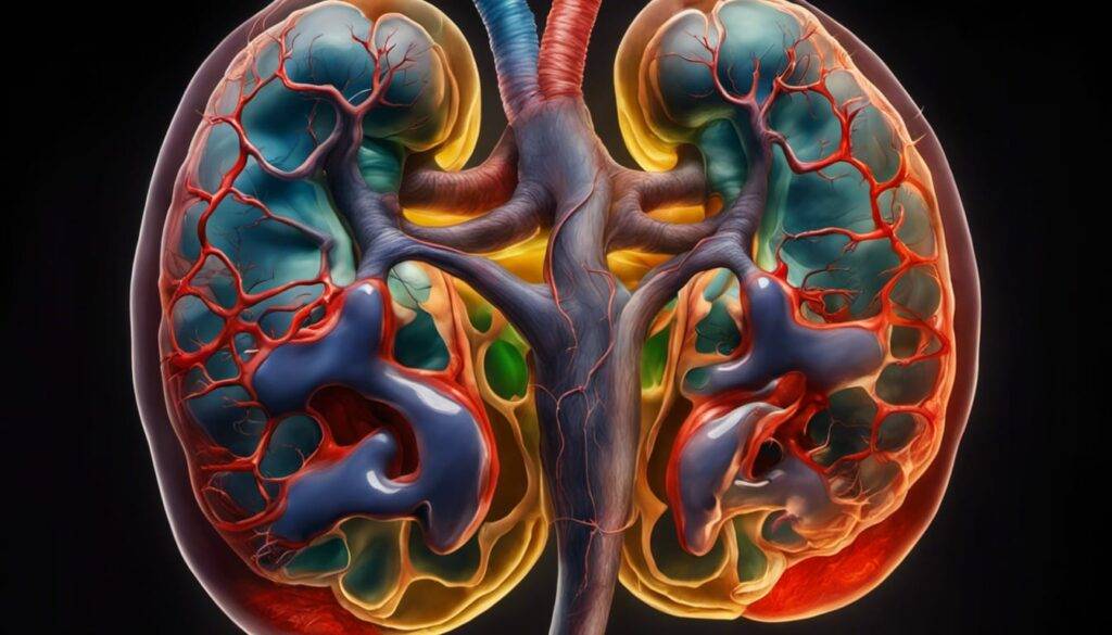 colorful educational cuttaway whole entire kidneys internal with blood supply living arteries