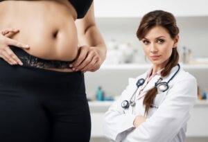 cute puzzled female doctor dietician indicating overweight belly next to her