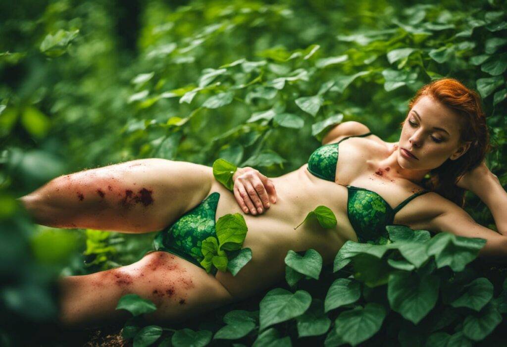 reclining swollen red-faced supermodel blistered poison-ivy leaves rash allergy crotch belly-button thigh