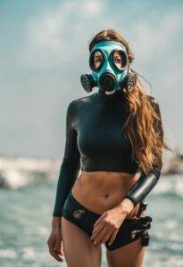 gas mask ppe toxic fumes female swim turquoise ocean blue sky model