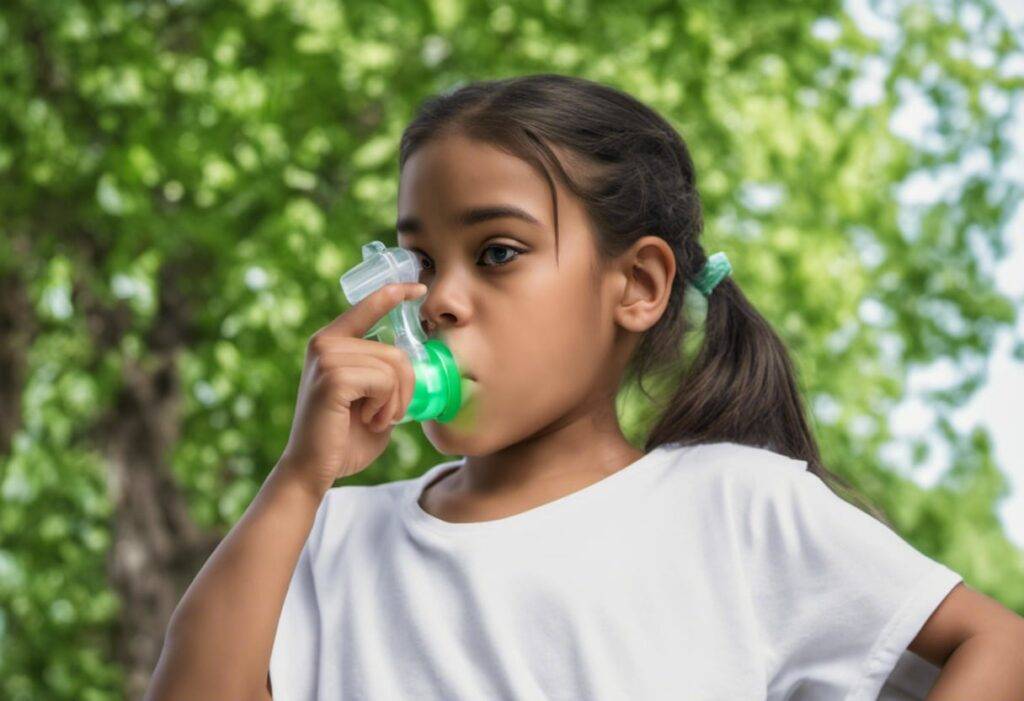 girl must nebulize L-shaped asthma pump in her mouth bright green shirt pattern device mouthpiece in her mouth