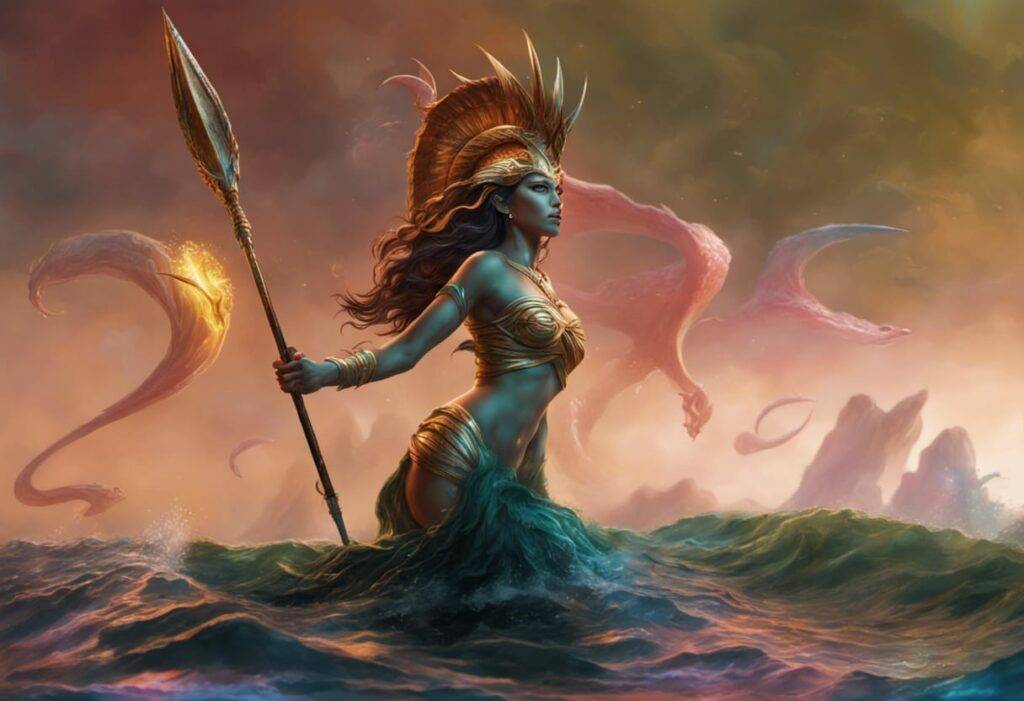 heroic Odyssey colorful female siren naga spear