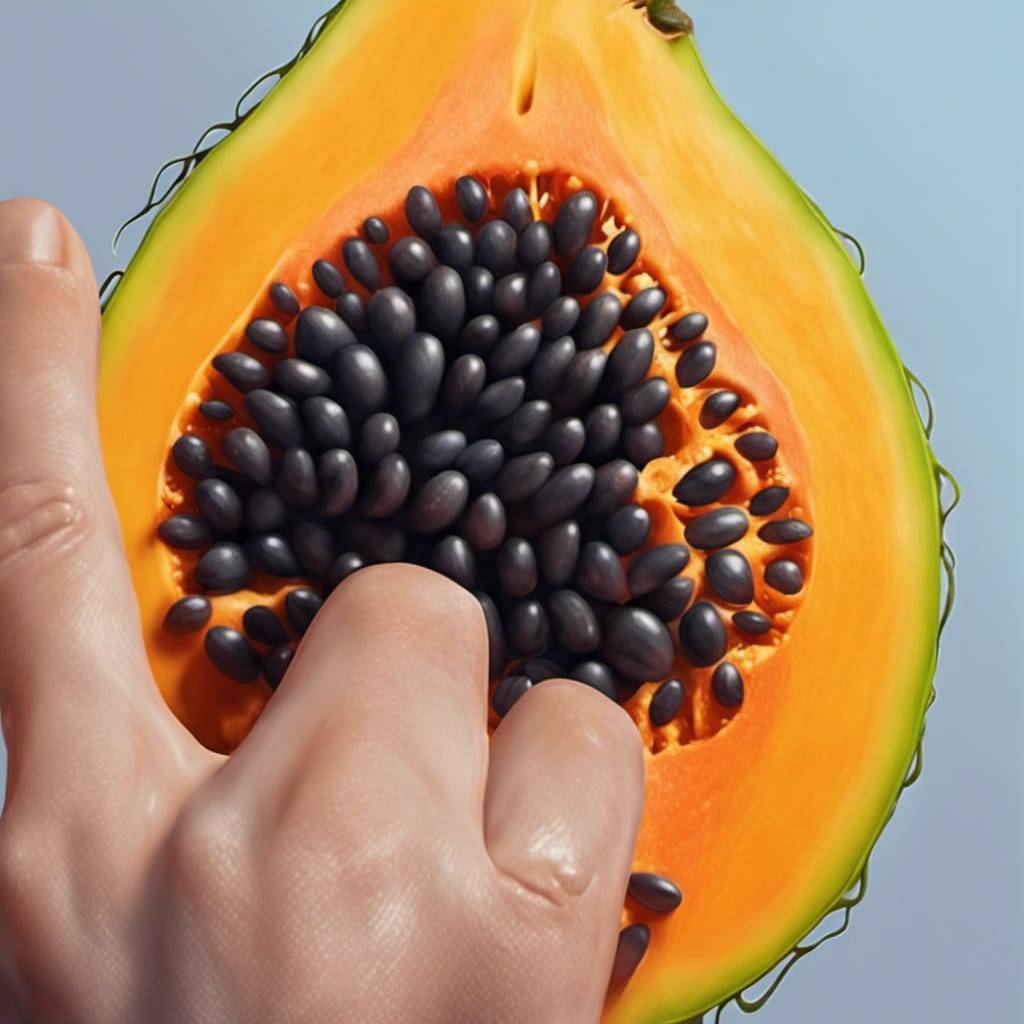 ingers stuck in wet soaked round seeds narrow thin vertical slit papaya hand