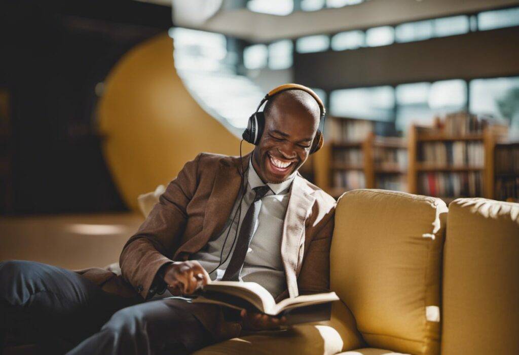 laughing reading music headphones library