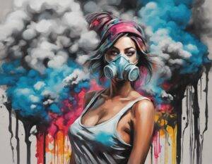 pretty girl head mask hazy air pollution smoke stacks