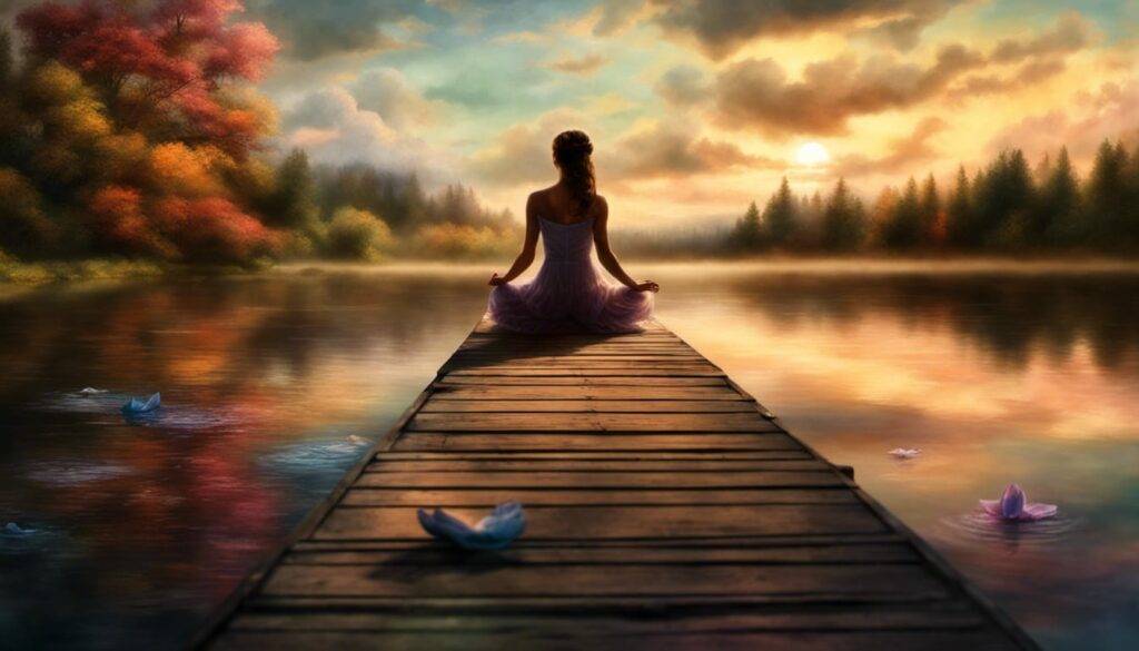 relaxing colors from anxiety woman meditation on dock on lake