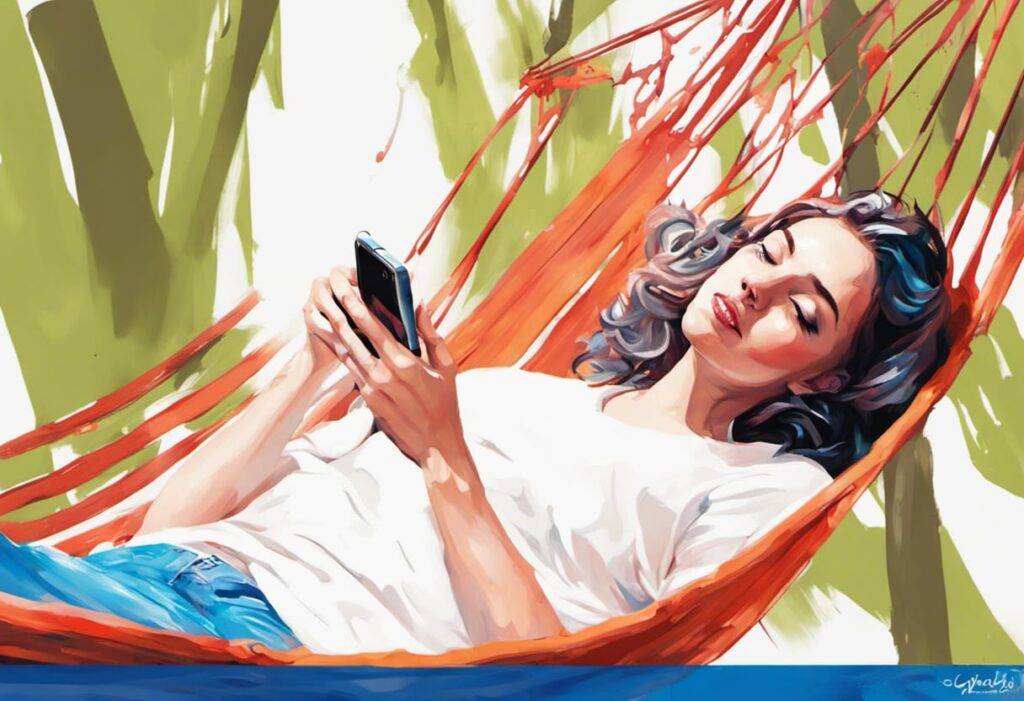 totally relaxed attractive lady relaxing hammock phone