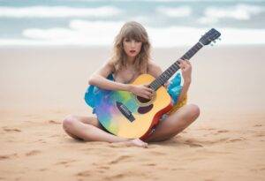 young fit attractive bare shoulder legs beach water waves supermodel Taylor Swift playing one normal colorful guitar normal bodily connectivity