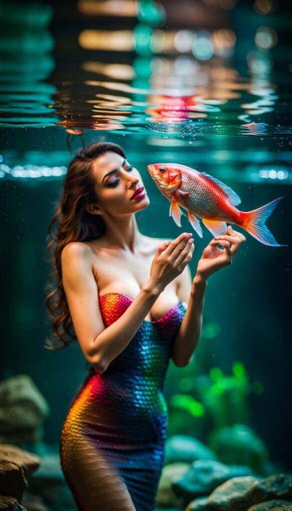 Colorful Model Woman Passionate Fish Embrace Under Dappling Water #LowerCholesterolNaturally #CholesterolHealthTips #Hypercholesterolemia #Semaglutide #WeightLoss