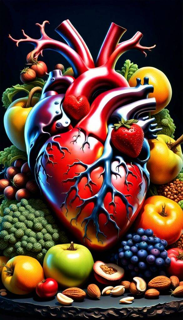 Human heart intermeshed playful interplay of fruits vegetables, nuts, grains #CVD #CVDawareness #HeartFailure #HeartDisease #HealthyHeart #WeightLoss