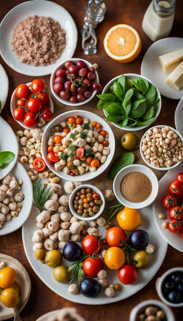 Mediterranean Diet Foods Artfully Arranged #LowerCholesterolNaturally #LowerCholesterolNaturally #CholesterolHealthTips #Hypercholesterolemia #Semaglutide #WeightLoss