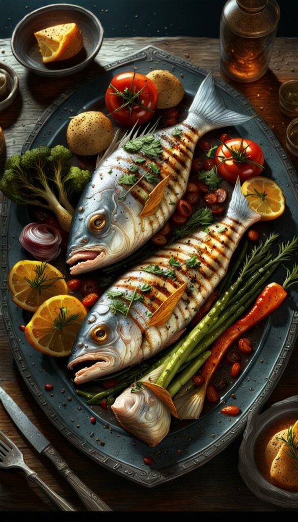 Plate of grilled fish and vegetables masterpiece #LowerCholesterolNaturally #CholesterolHealthTips #Hypercholesterolemia #Semaglutide #WeightLoss