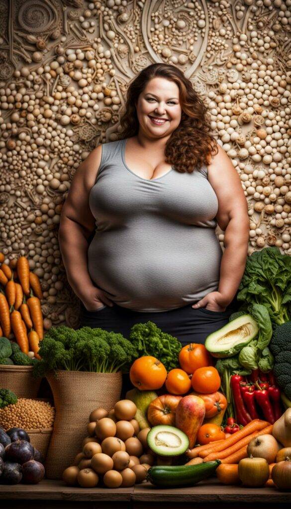 attractive curvy smiling woman in front of food wall of natural health foods and produce foreground #FattyLiverDisease #FLD #HealthReport #WeightLoss #Semaglutide #FattyLiverDisease