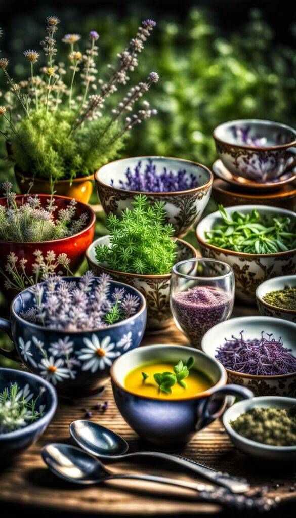 different herbs in cups colors design bowls spoons plates #CVD #CVDawareness #HeartFailure #HeartDisease #HealthyHeart #WeightLoss
