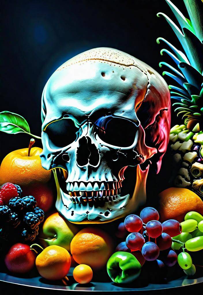 Fruits, vegetable, and a biologically accurate human skull, #CVD #CVDawareness #HeartFailure #HeartDisease #HealthyHeart #WeightLoss
